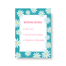 Load image into Gallery viewer, Blue and Yellow Daisy Notepad | 5x7" Notepad with 50 Tear-Off Pages | Fun, Spring Floral Notepad
