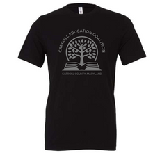 Load image into Gallery viewer, Carroll education coalition- black unisex tee  with gray design

