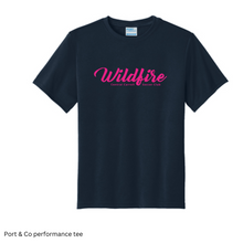 Load image into Gallery viewer, CCSC-WILDFIRE TEXT- Port and Co YOUTH performance tee- Navy + Pink
