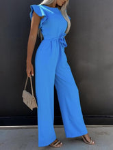 Load image into Gallery viewer, Ruffled Round Neck Cap Sleeve Jumpsuit
