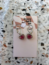 Load image into Gallery viewer, Mini pink flower silver heart huggie earrings
