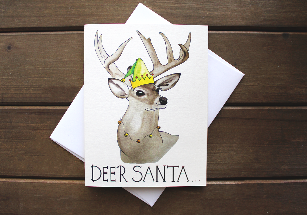 Deer Santa -- Handmade Watercolor Buck Christmas Holiday Card