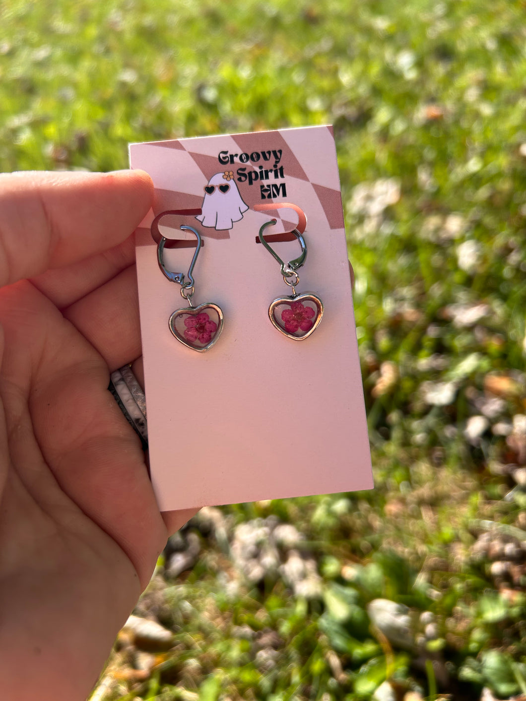 Mini pink flower silver heart huggie earrings