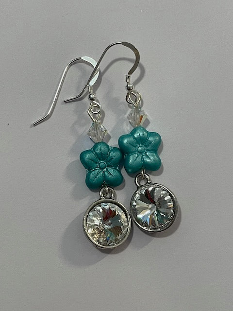 Sterling Silver Flower and Rivoli Earrings
