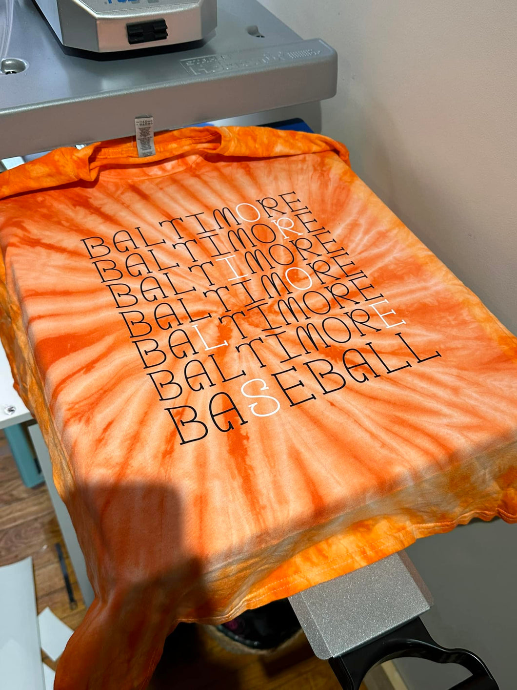 Baltimore Baseball- orange tie dye tee shirt