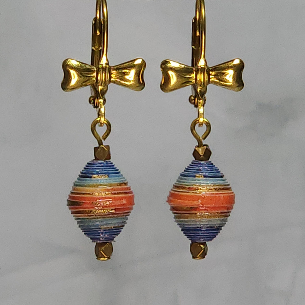 Brass Bow Lever Back Blue-Orange Earrings - 1-3/8