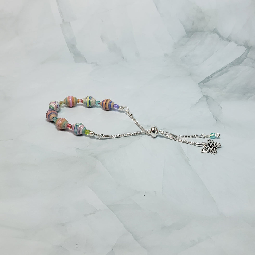 Paper Bead Adjustable Slider Knot Bracelet w/ butterfly charm