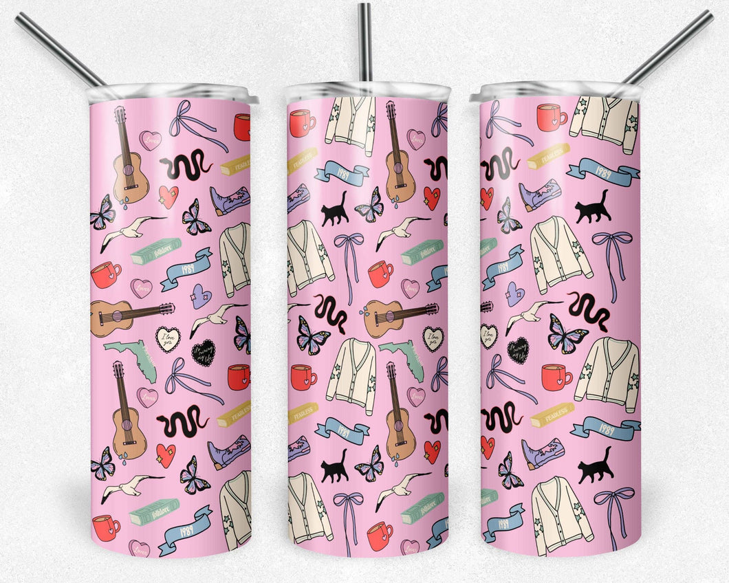 20 oz Skinny Tumbler, Pink Taylor Icons Including TTPD Pattern