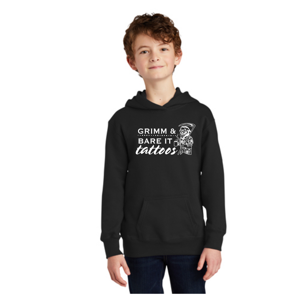 Grimm & Bare It- black YOUTH hoodie with reaper