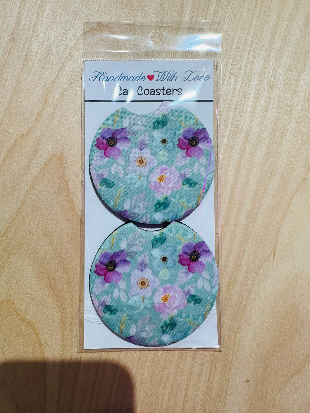 mint/purple floral car coaster- set of 2