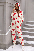 Load image into Gallery viewer, Fuzzy Heart Zip Up Hooded Lounge Jumpsuit
