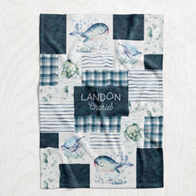 Load image into Gallery viewer, Personalized Boy&#39;s Whale Blanket - Watercolor Ocean Sealife Faux Quilt Style Plush Minky Blanket
