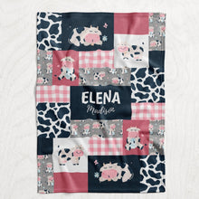 Load image into Gallery viewer, Personalized Girl&#39;s Cow Blanket - Pink, Navy &amp; Gray Cartoon Cowhide Faux Quilt Style Plush Minky Blanket
