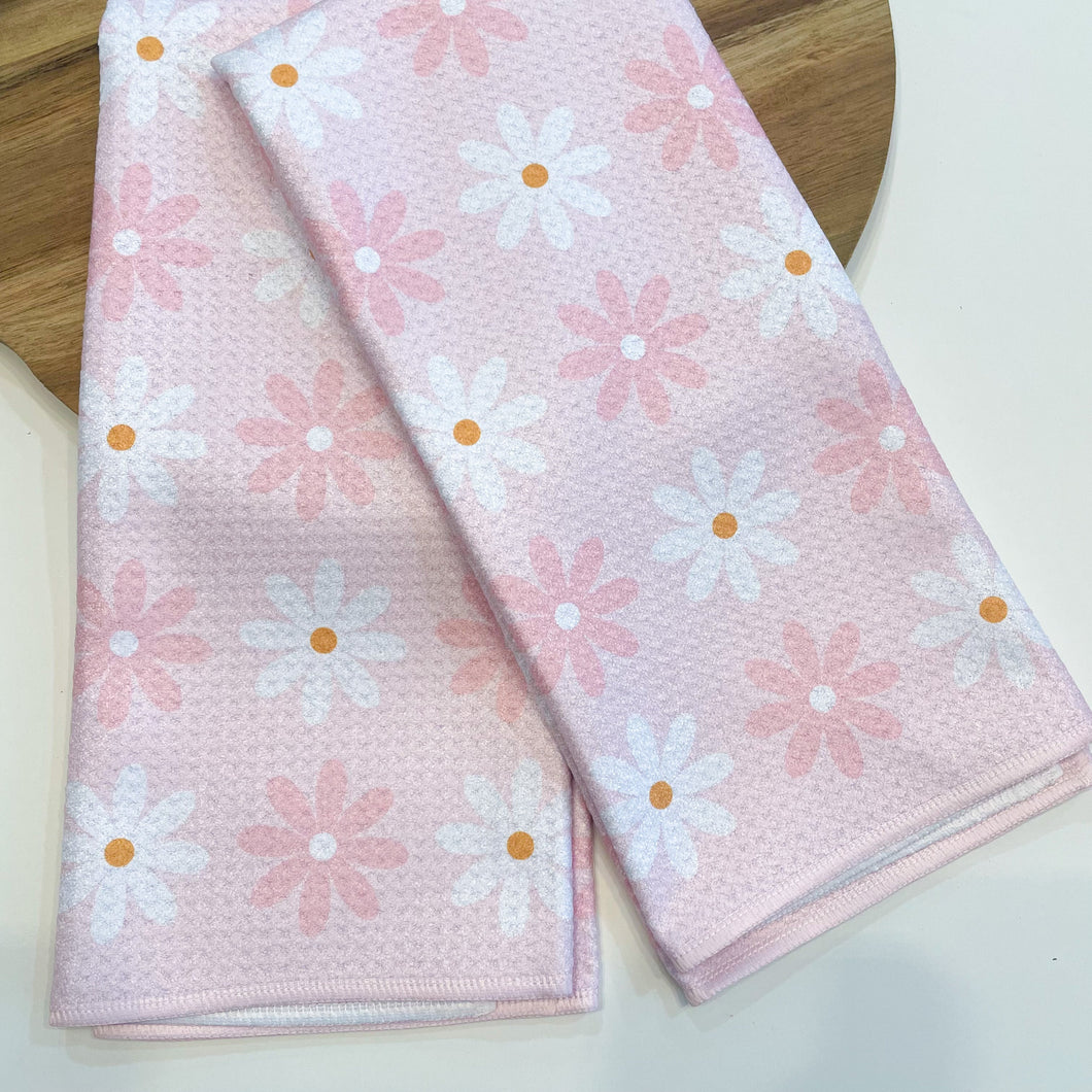 Pink Flowers Patterned Waffle Kitchen Dish Towel