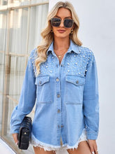 Load image into Gallery viewer, Pearl Detail Pocketed Button Up Denim Jacket
