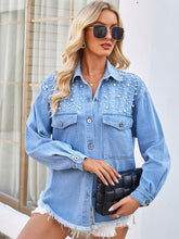 Load image into Gallery viewer, Pearl Detail Pocketed Button Up Denim Jacket
