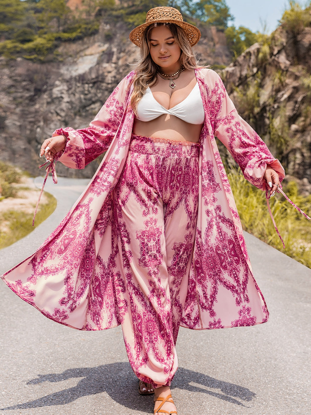 Plus Size Open Front Cardigan and Pants Set