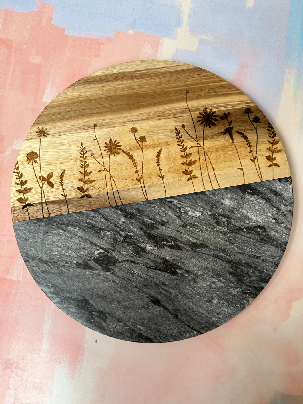 Wildflower Acacia and marble round charcuterie/cutting board