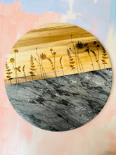 Load image into Gallery viewer, Wildflower Acacia and marble round charcuterie/cutting board
