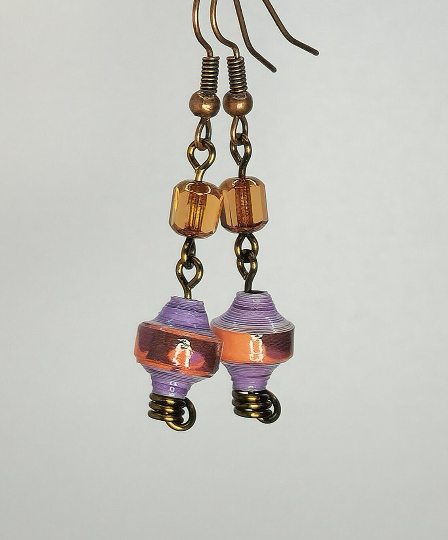 Purple and Orange Lantern Paper Bead Earrings - 1-7/8